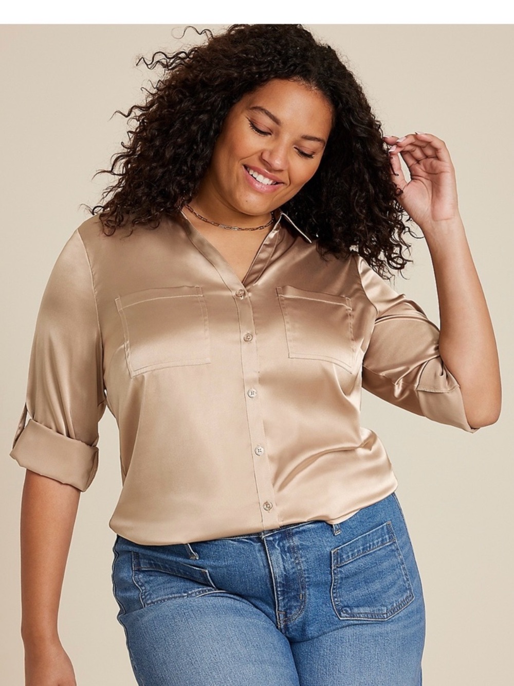 Maurices Satin Button-Front Blouse in Champagne Tan